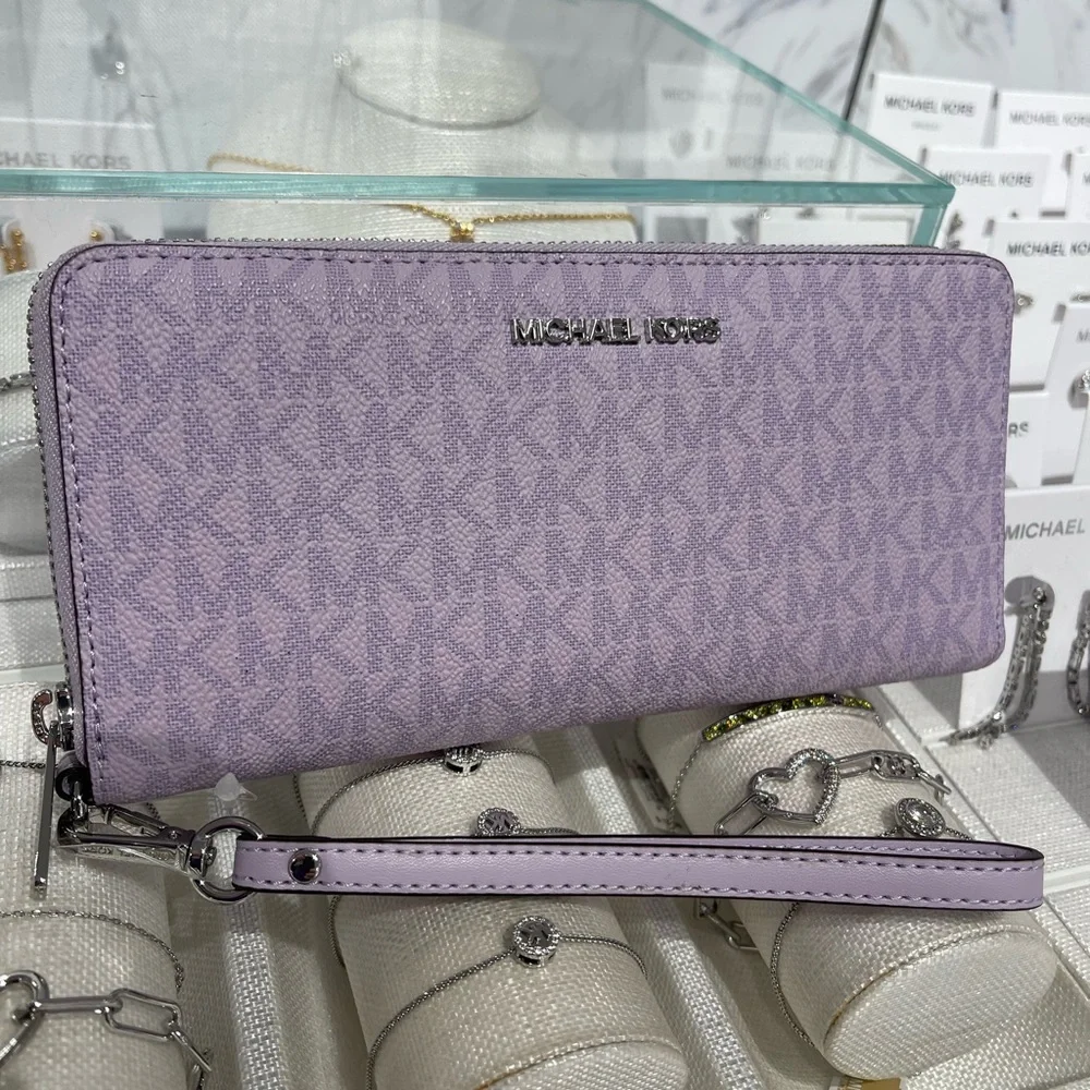 MICHAEL KORS Jet Set Large Signature Logo Continental Wallet Wristlet Lt Quartz